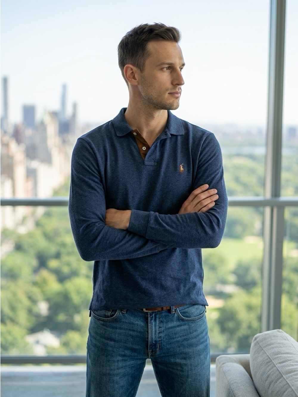 Polo by Ralph Lauren Navy Long-Sleeve Polo with Brown Placket